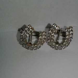 VTG Clear Rhinestones  HORSESHOE  Cufflinks  Silver Tone